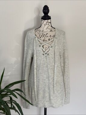 Lace-Up V-Neck Knit Sweater - Light Gray